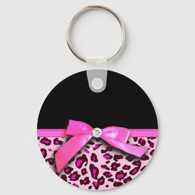Hot pink leopard print ribbon bow graphic keychain (Front)