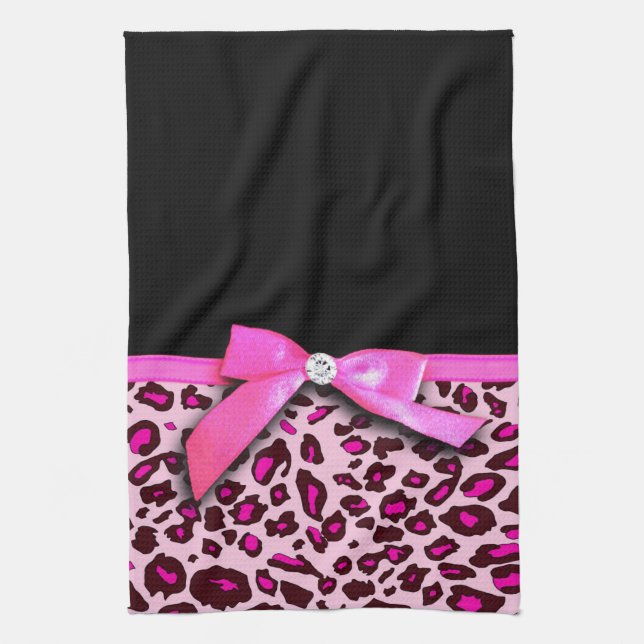 Hot pink leopard print ribbon bow graphic kitchen towel (Vertical)