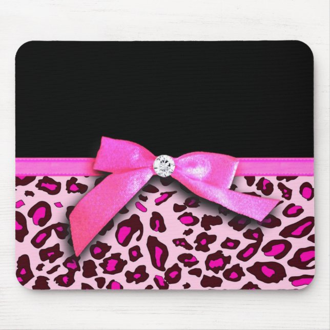 Hot pink leopard print ribbon bow graphic mouse pad (Front)