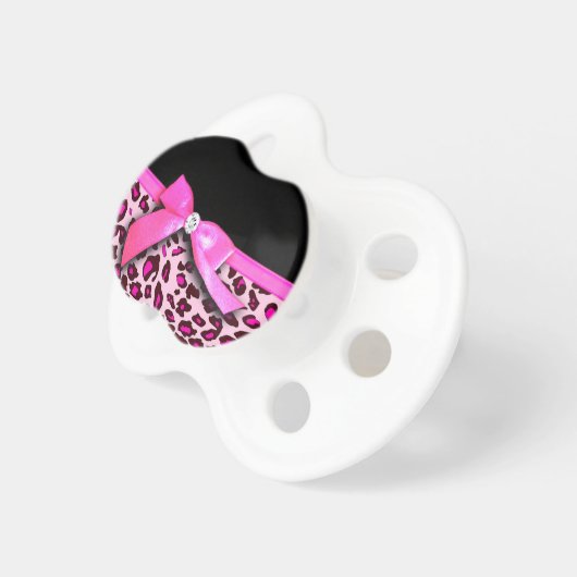 Hot pink leopard print ribbon bow graphic pacifier (Front Right)