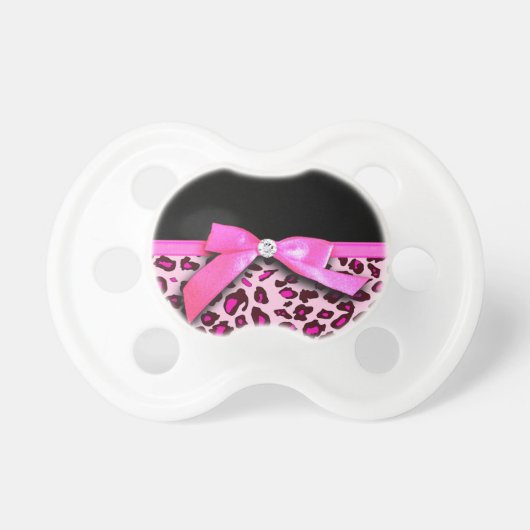 Hot pink leopard print ribbon bow graphic pacifier (Front)