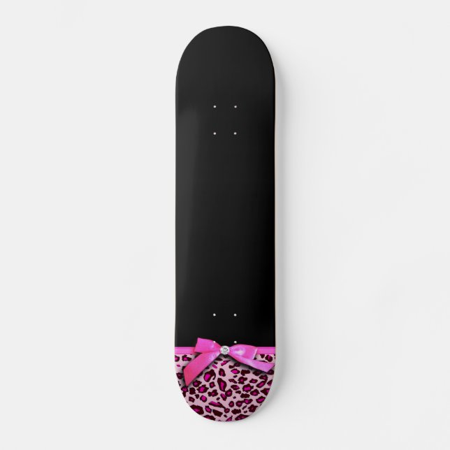 Hot pink leopard print ribbon bow graphic skateboard deck (Front)