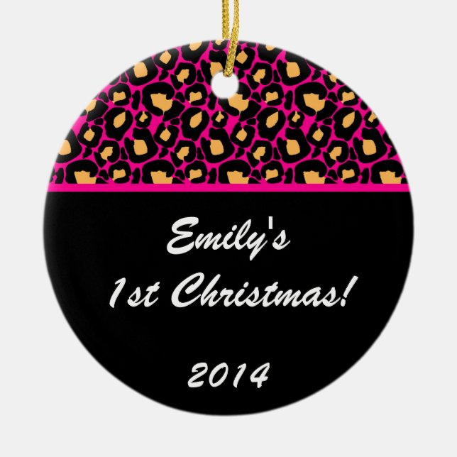 Hot Pink Leopard Spot Personalized Name Ornament (Front)