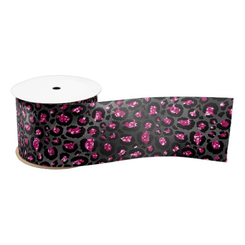 Hot Pink Leopard Spots Animal Print on Black Satin Ribbon