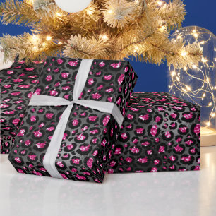 Hot Pink Leopard Spots Animal Print on Black Wrapping Paper