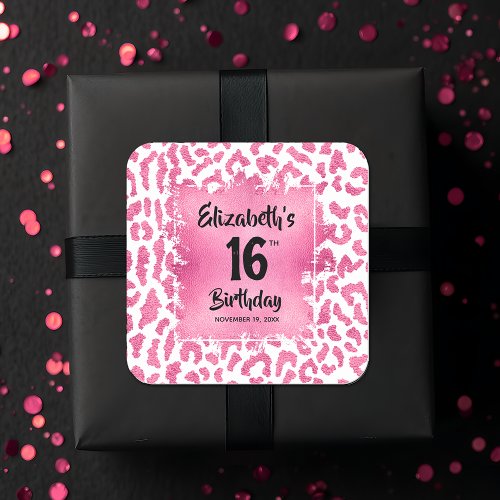 Hot Pink Leopard Sweet 16 Birthday Square Sticker