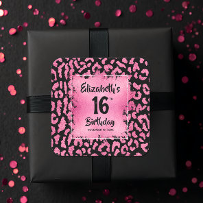 Hot Pink Leopard Sweet 16 Birthday Square Sticker