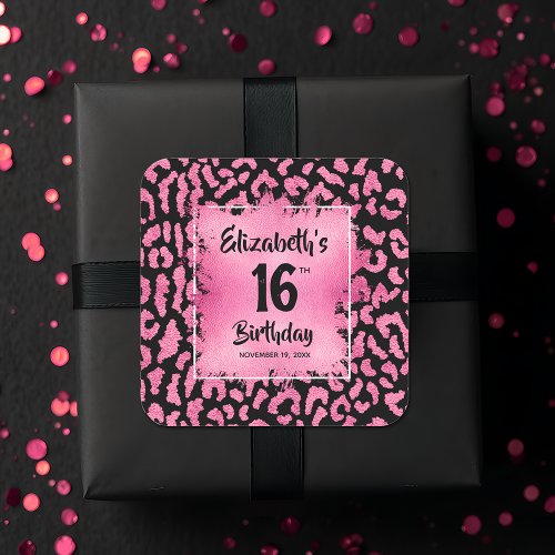 Hot Pink Leopard Sweet 16 Birthday Square Sticker