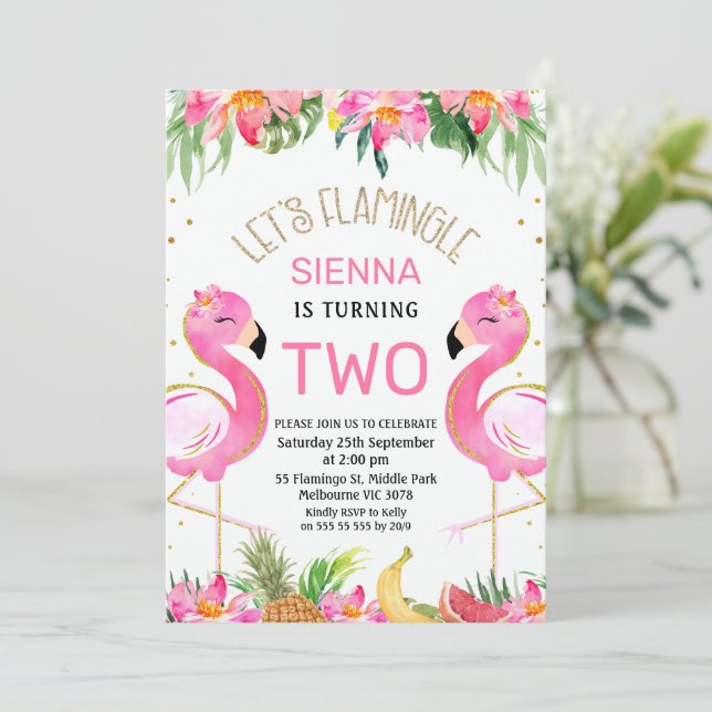 Hot Pink Lets Flamingle Flamingo 1st Birthday Invitation (Standing Front)