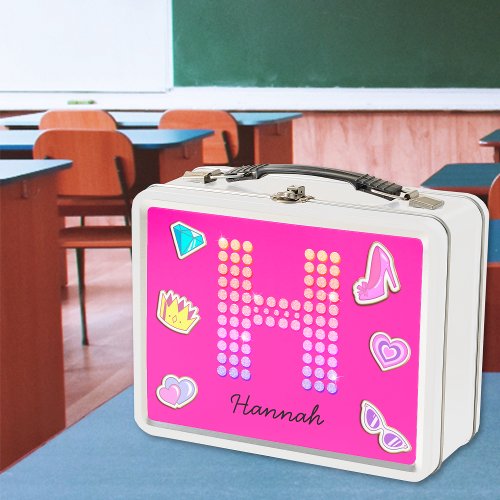 Hot Pink Letter H Monogram Girly Back To School Metal Lunch Box