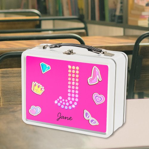 Hot Pink Letter J Monogram Girly Back To School Metal Lunch Box