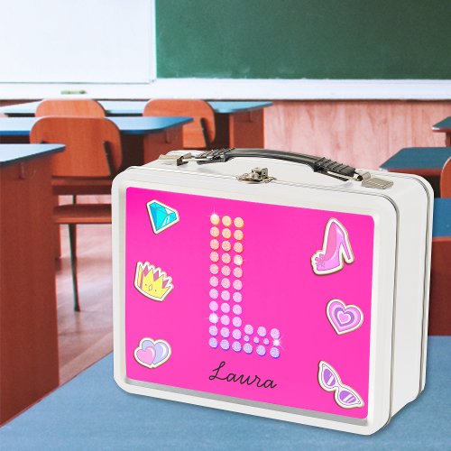 Hot Pink Letter L Monogram Girly Back To School Metal Lunch Box