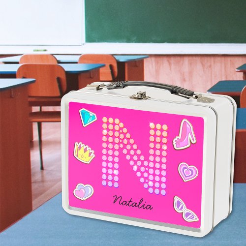 Hot Pink Letter N Monogram Girly Back To School Metal Lunch Box