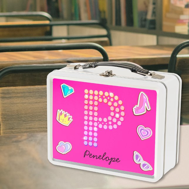Hot Pink Letter P Monogram Girly Back To School Metal Lunch Box (Front)