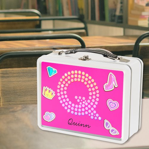 Hot Pink Letter Q Monogram Girly Back To School Metal Lunch Box