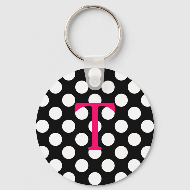 Hot Pink Letter T Monogram Black White Polka Dot Keychain (Front)