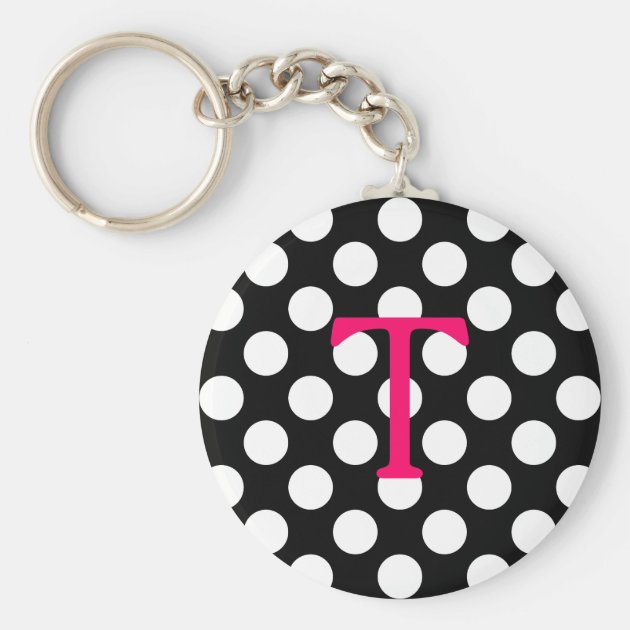 fuchsia pink Personalized name keychain with pink polka dots