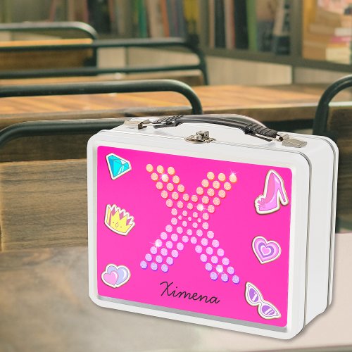 Hot Pink Letter X Monogram Girly Back To School Metal Lunch Box