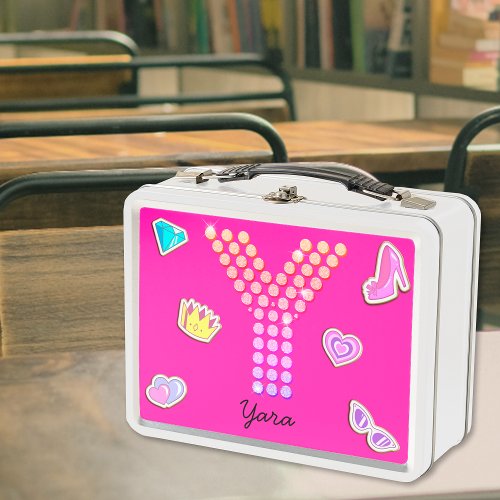 Hot Pink Letter Y Monogram Girly Back To School Metal Lunch Box