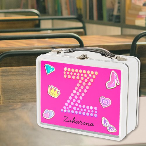 Hot Pink Letter Z Monogram Girly Back To School Metal Lunch Box