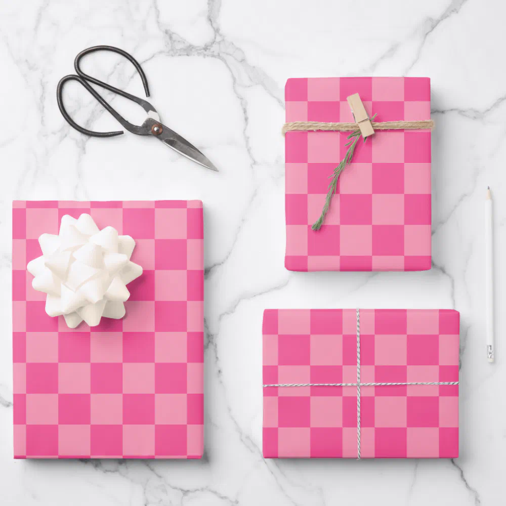 Hot Pink Light Pink Checked Wrapping Paper Sheets