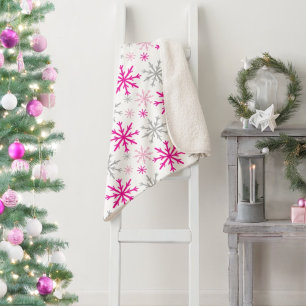 Hot Pink, Light Pink & Silver Glitter Snowflakes Sherpa Blanket