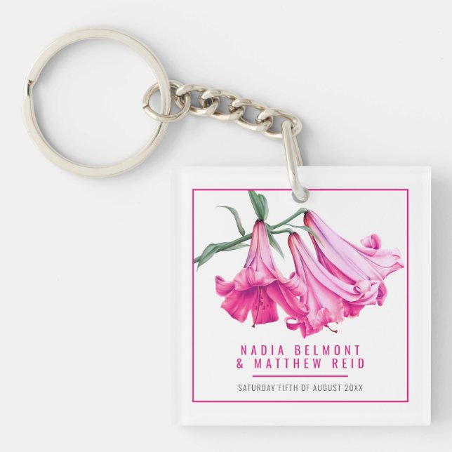 Hot pink lily floral wedding custom guest keepsake keychain (Front)