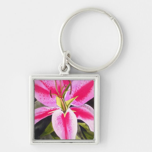 Hot pink lily Tenerife pop art watercolor flower Keychain (Front)