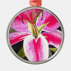 Hot pink lily Tenerife pop art watercolor flower Metal Ornament