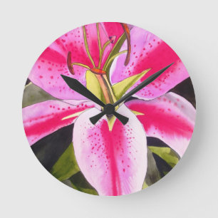 Hot pink lily Tenerife pop art watercolor flower Round Clock