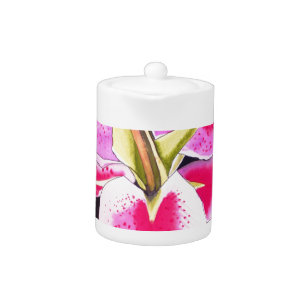 Hot pink lily Tenerife pop art watercolor flower Teapot