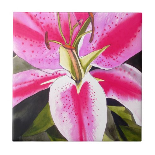 Hot pink lily Tenerife pop art watercolor flower Tile