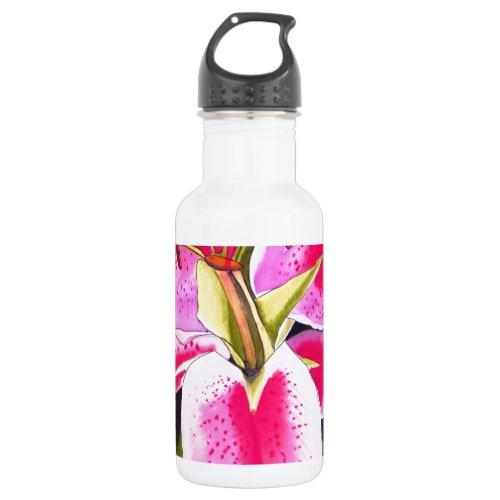 Hot pink lily Tenerife pop art watercolor flower Water Bottle