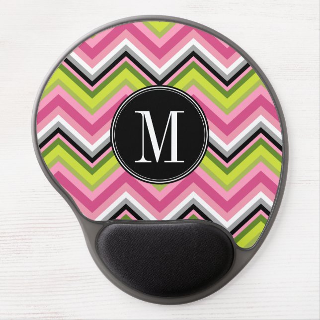 Hot Pink, Lime and Black Chevron Pattern Monogram Gel Mouse Pad (Front)