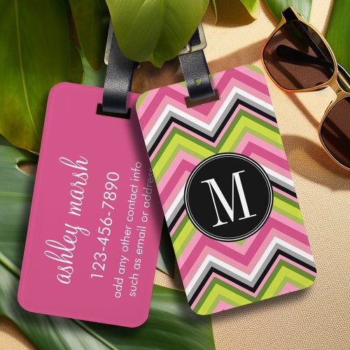 Hot Pink Lime and Black Chevron Pattern Monogram Luggage Tag