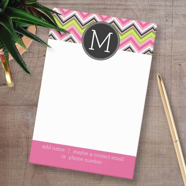 Hot Pink, Lime and Black Chevron Pattern Monogram Post-it Notes (Custom Post-it Note Pads - Add your name and other text)