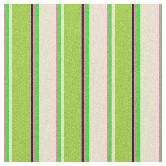 Hot Pink, Lime, Beige, Green & Black Stripes Fabric (Close Up)