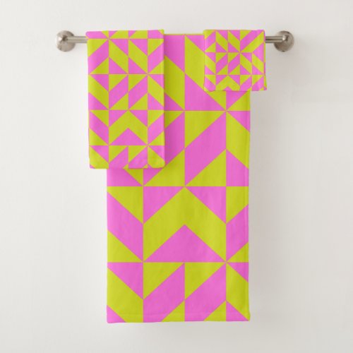 Hot Pink Lime Chartreuse Geometric Shape Pattern Bath Towel Set