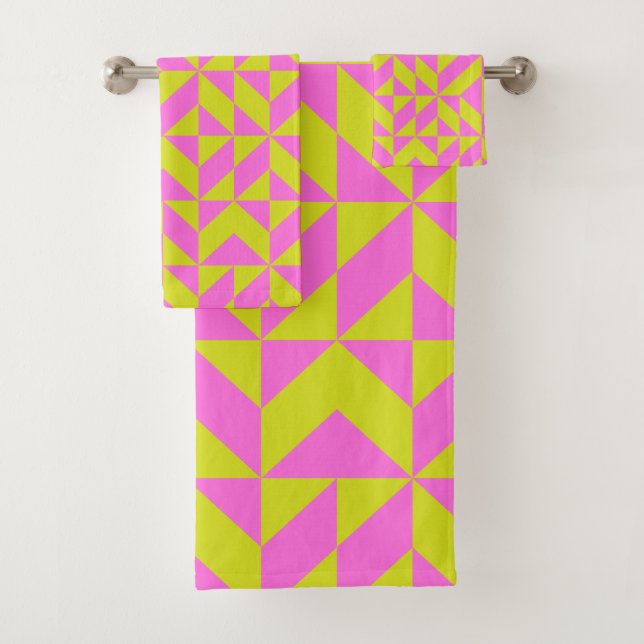 Hot Pink Lime Chartreuse Geometric Shape Pattern Bath Towel Set (Insitu)