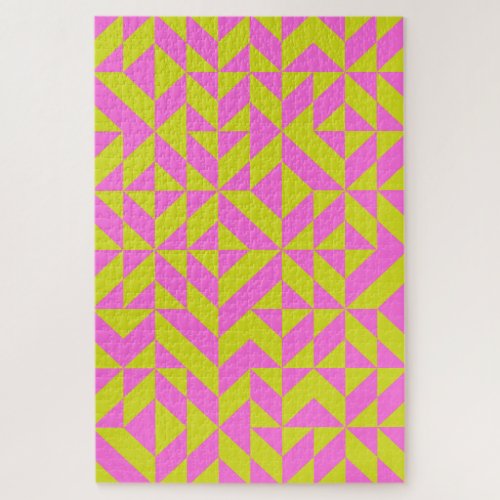 Hot Pink Lime Chartreuse Geometric Shape Pattern Jigsaw Puzzle
