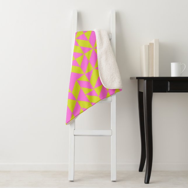 Hot Pink Lime Chartreuse Geometric Shape Pattern Sherpa Blanket (In Situ)