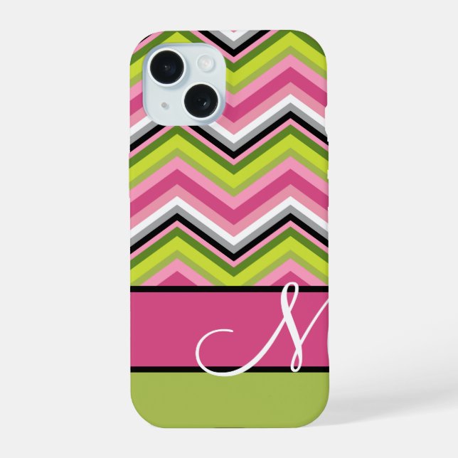 Hot Pink Lime Chevron Pattern Custom Monogram Iphone Case (Back)