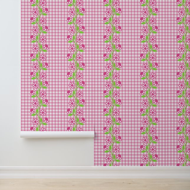 Hot Pink & Lime Floral Column on Gingham Wallpaper (Application)