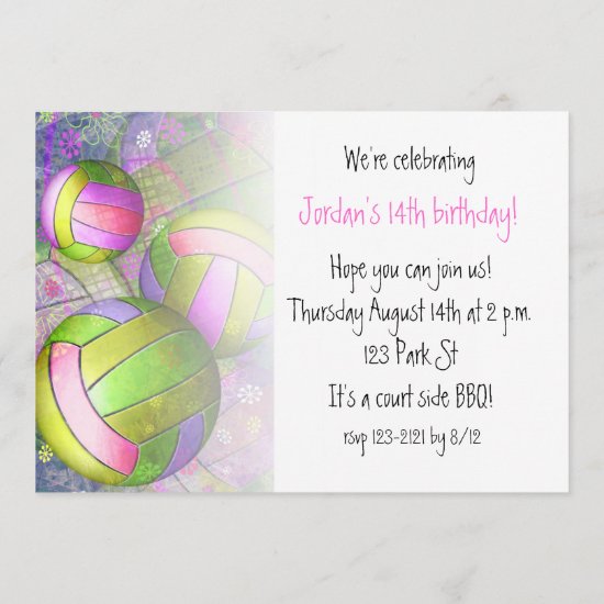 hot pink lime girls' volleyball party invitation