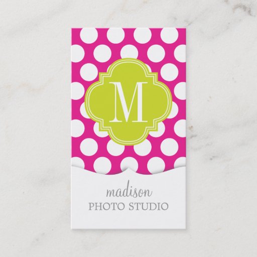 Customizable Hot Pink & Lime Green Big Polka Dots Monogrammed Business Cards