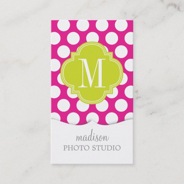 Hot Pink & Lime Green Big Polka Dots Monogrammed Business Card (Front)