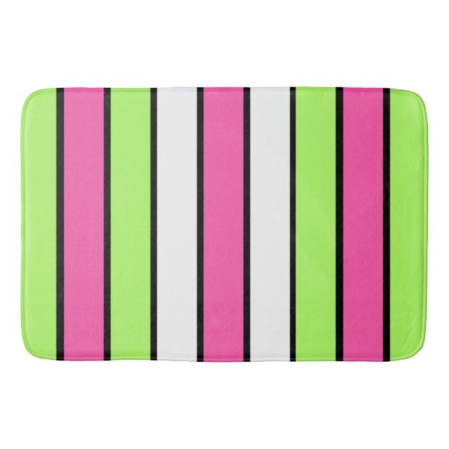 Hot Pink, Lime Green, Black and White Stripes Bathroom Mat (Front)