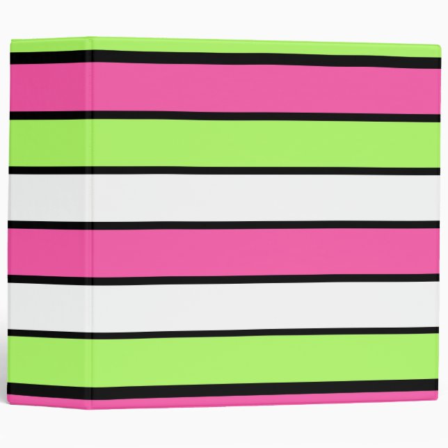 Hot Pink, Lime Green, Black and White Stripes Binder (Front/Spine)