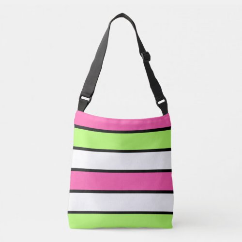 Hot Pink Lime Green Black and White Stripes Crossbody Bag