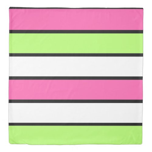 Hot Pink Lime Green Black and White Stripes Duvet Cover